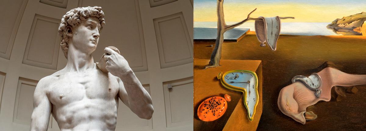 Collage of two famous artworks, Michelangelo's David on the left and Salvador Dali's The Persistence of Memory on the right.