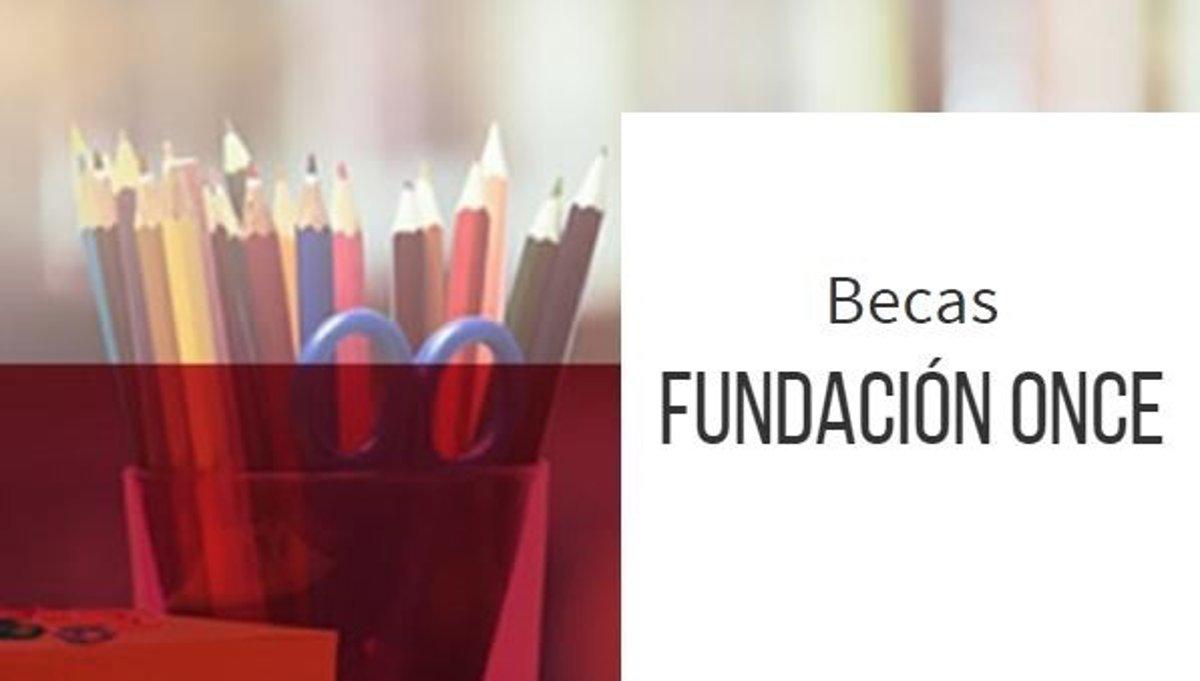 Imagen que muestra un vaso con lápices de colores y un texto sobre becas de la Fundación ONCE.