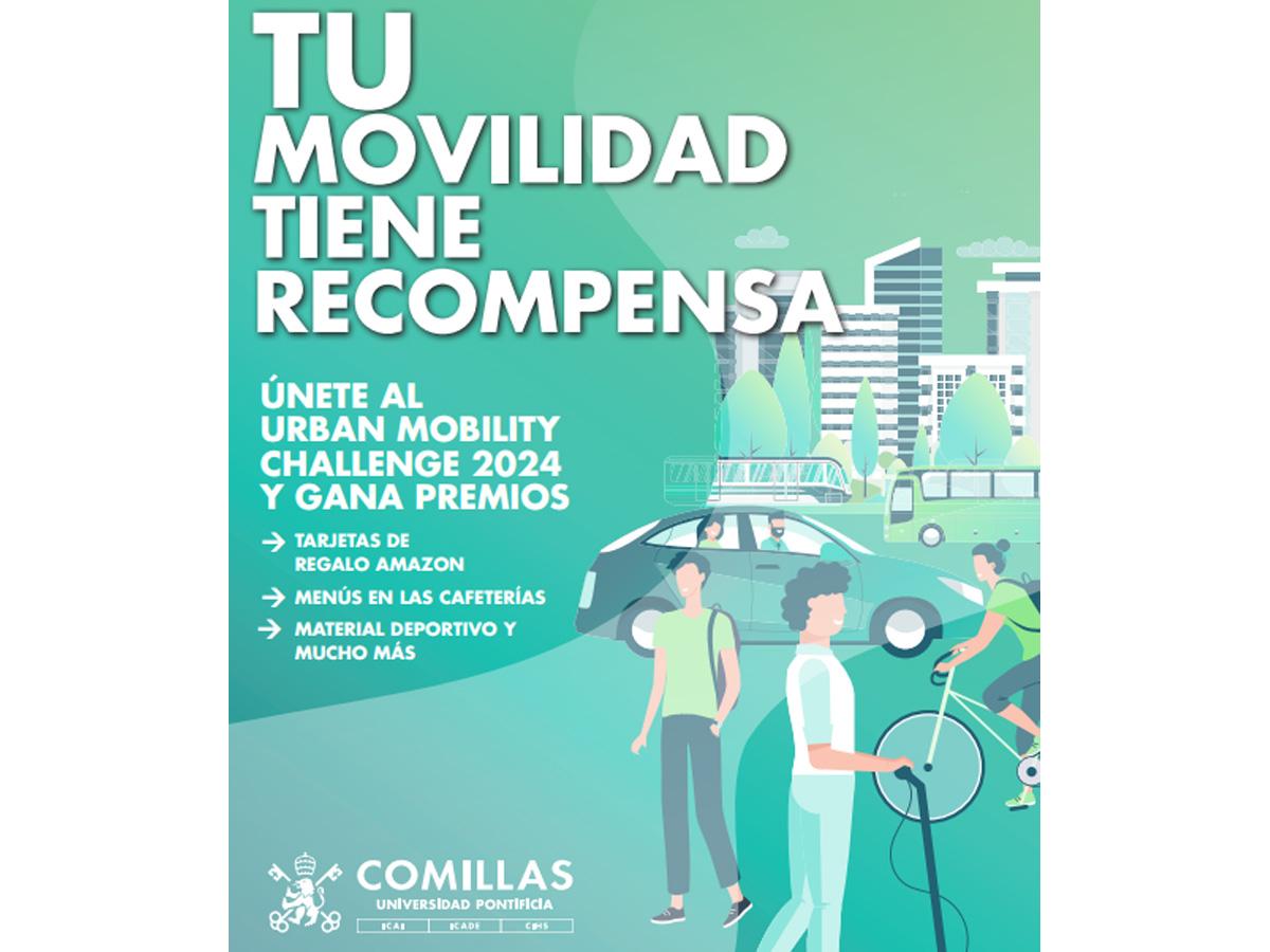 A promotional poster for the Urban Mobility Challenge 2024, highlighting rewards for participation and featuring an illustration of people near electric vehicles.