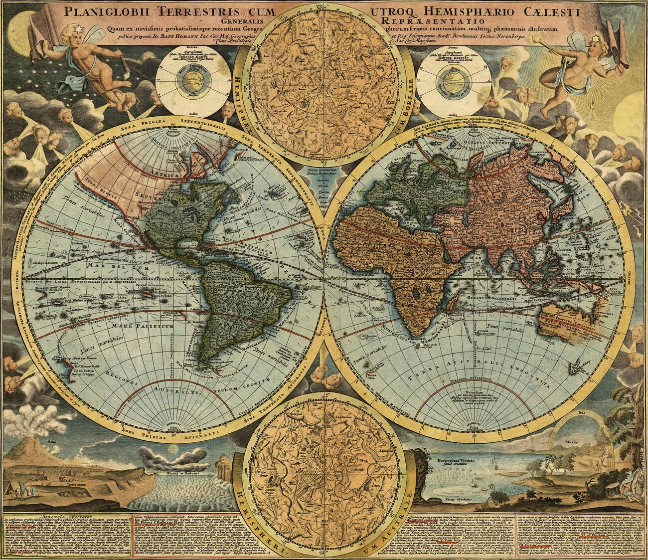 Mapa antiguo del mundo con representaciones de los continentes en hemisferios.