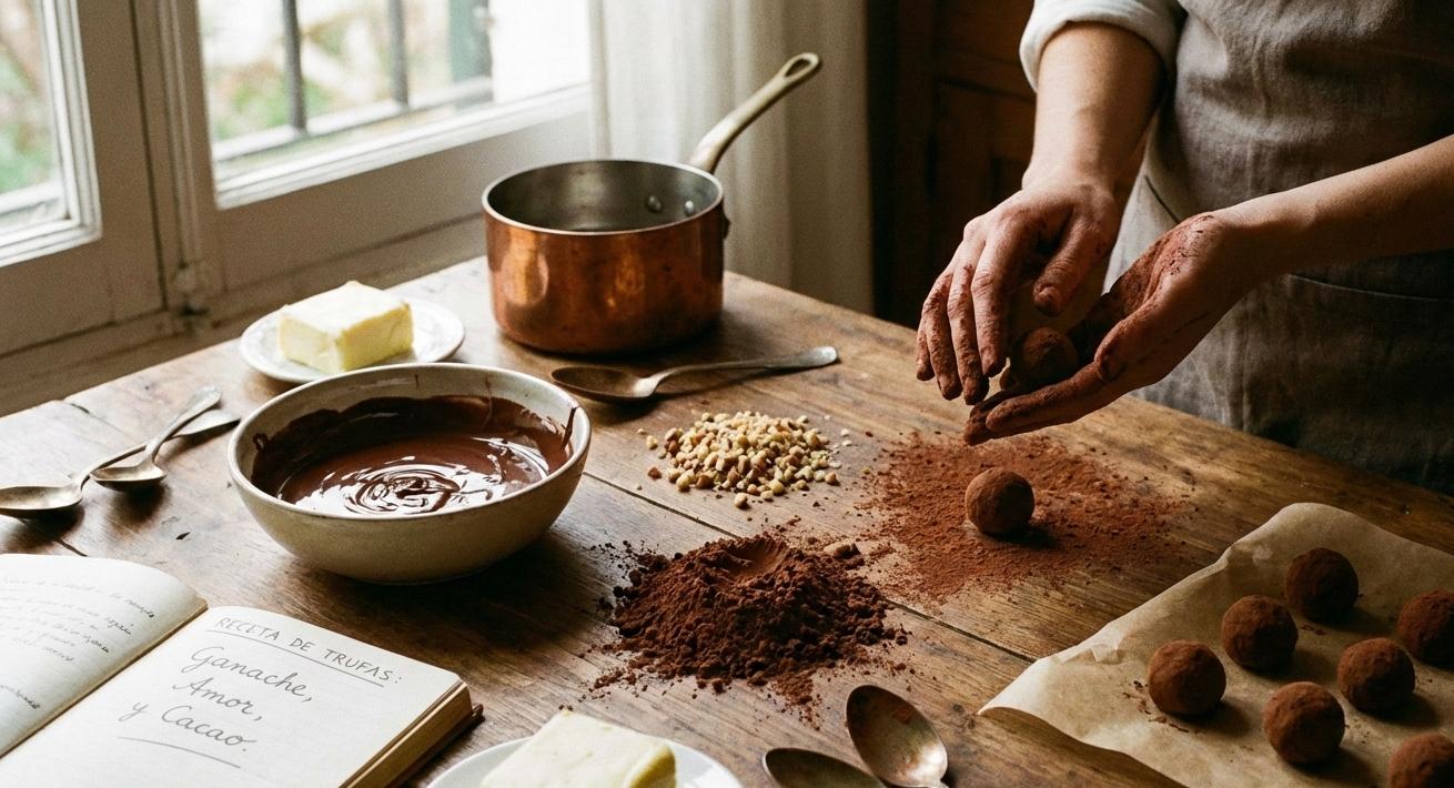 Una persona está preparando trufas de chocolate en una mesa con ingredientes dispersos.