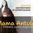 Promotional banner for an event featuring Mama Antula, labeled as the first Argentine saint, with logos of Instituto Universitario de Espiritualidad and Comillas CHS.