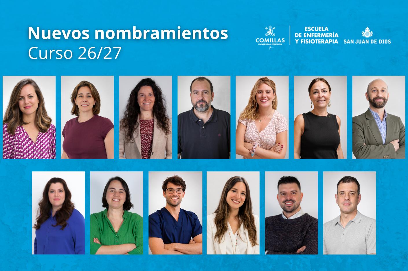La imagen presenta a un grupo de personas que han sido nombradas en la Escuela de Enfermería y Fisioterapia de la Universidad de Comillas para el curso 26/27.