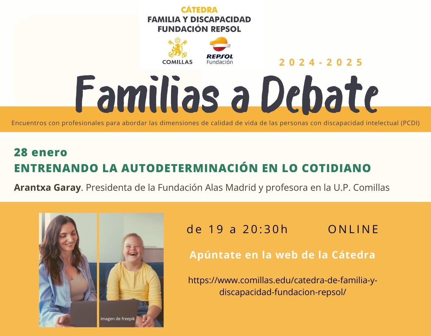 Cartel de un evento online titulado 'Familias a Debate' sobre la autodeterminación en lo cotidiano, organizado por la Fundación Repsol y la Universidad Pontificia Comillas para el 28 de enero de 2024.