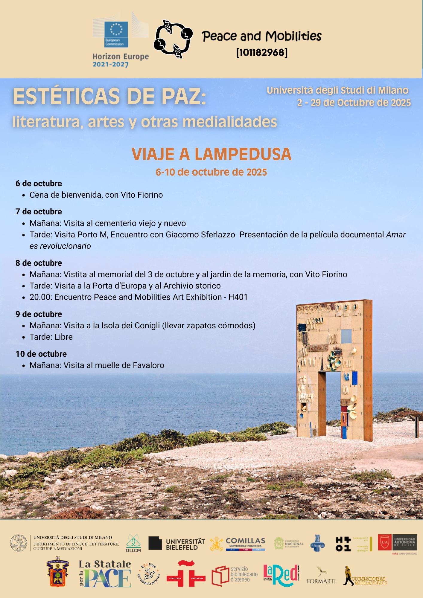 Cartel de un evento académico titulado 'Estéticas de paz: literatura, artes y otras medialidades' que se llevará a cabo en Lampedusa en octubre de 2025.