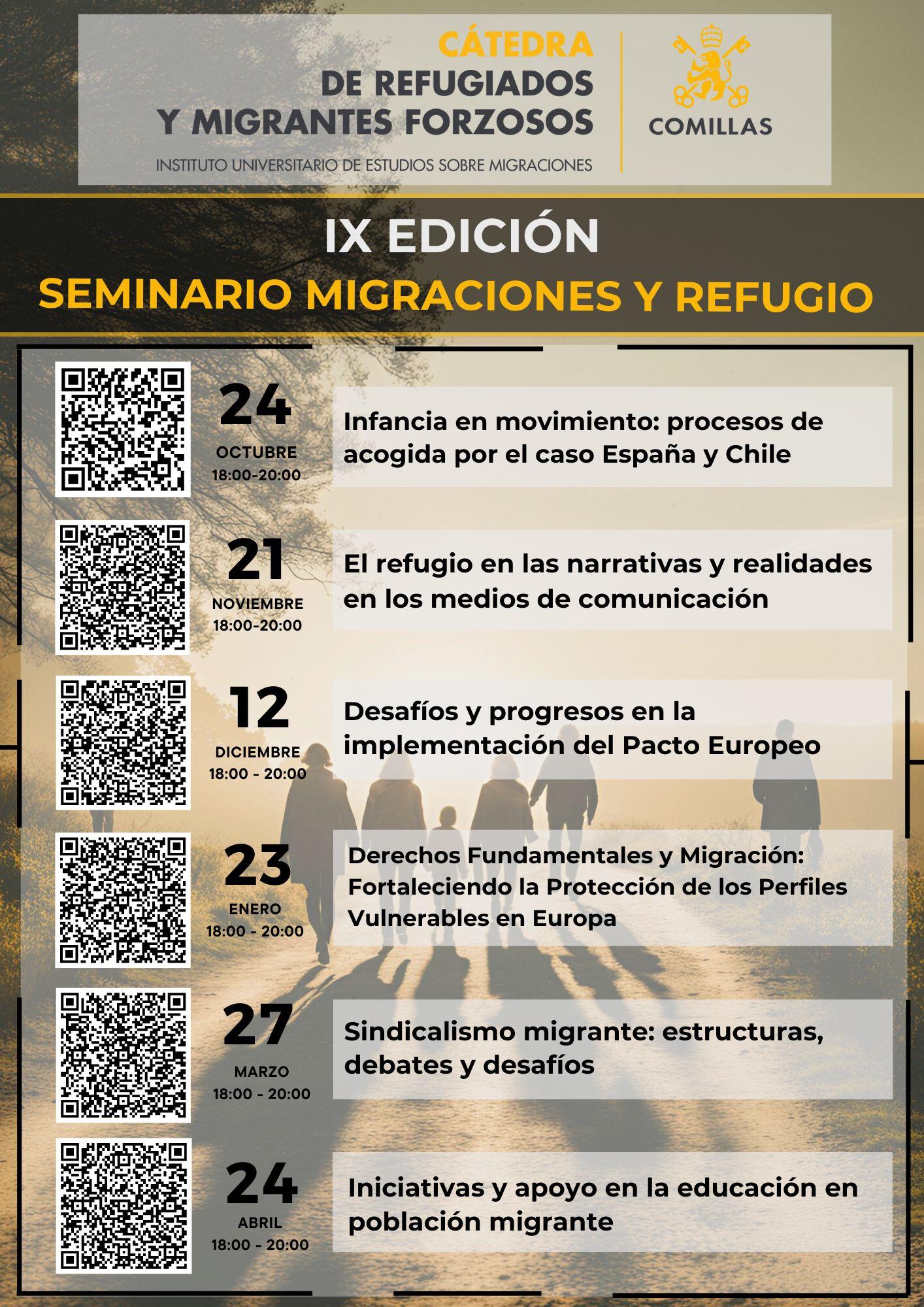 A poster for a seminar series titled 'IX Edición Seminario Migraciones y Refugio' organized by Cátedra de Refugiados y Migrantes Forzosos, featuring various topics and dates with QR codes for each event.