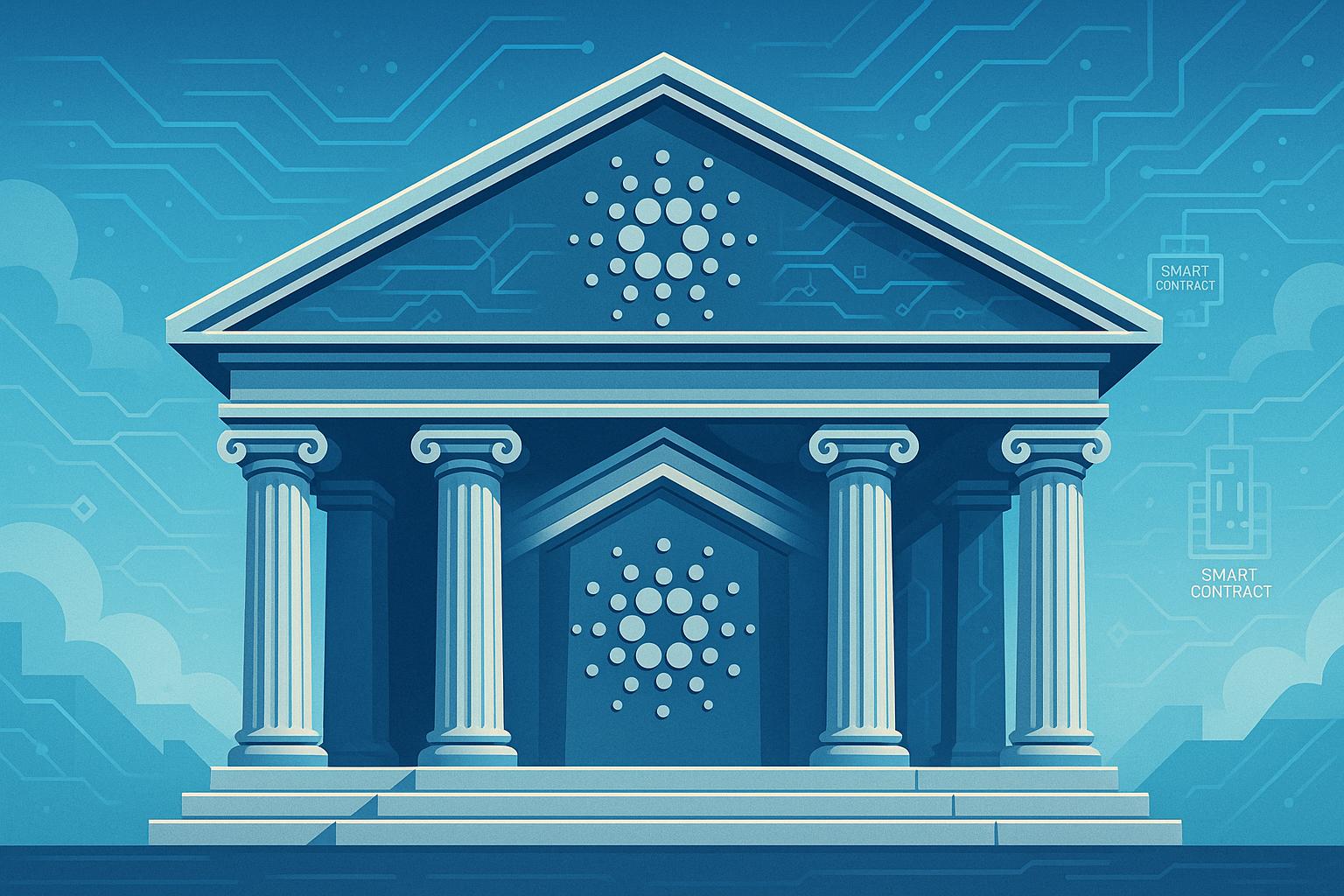 La imagen muestra un edificio estilizado con columnas y elementos gráficos que sugieren tecnología blockchain.