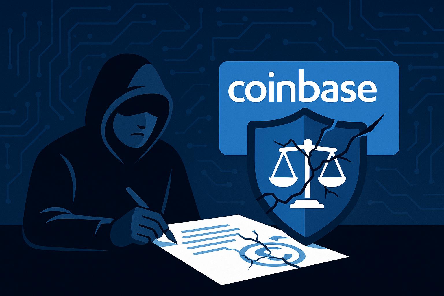 Un individuo encapuchado escribe en un documento mientras hay un escudo con el logo de Coinbase y un símbolo de justicia en la imagen.
