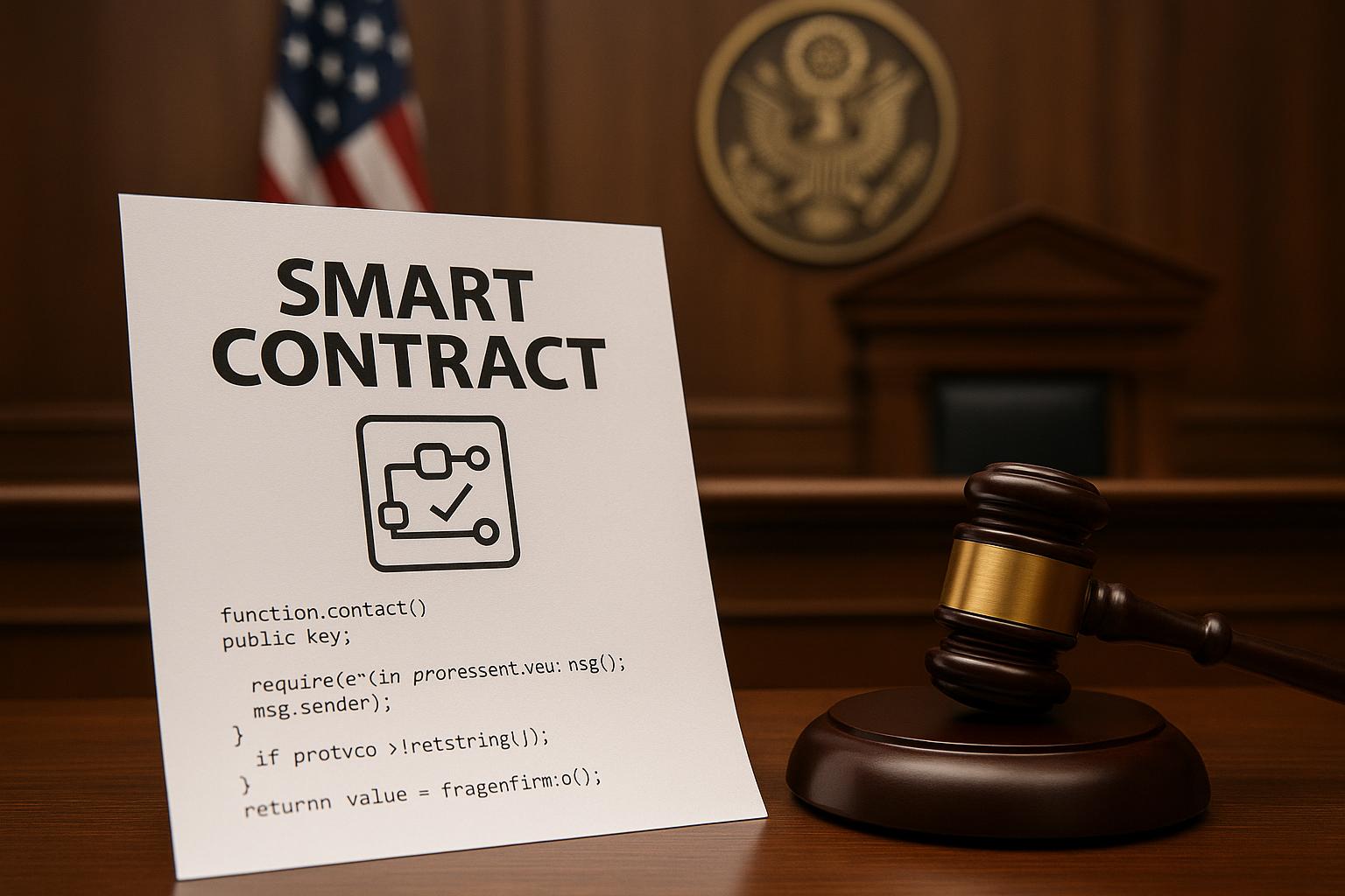 La imagen muestra un cartel sobre contratos inteligentes en un entorno judicial.