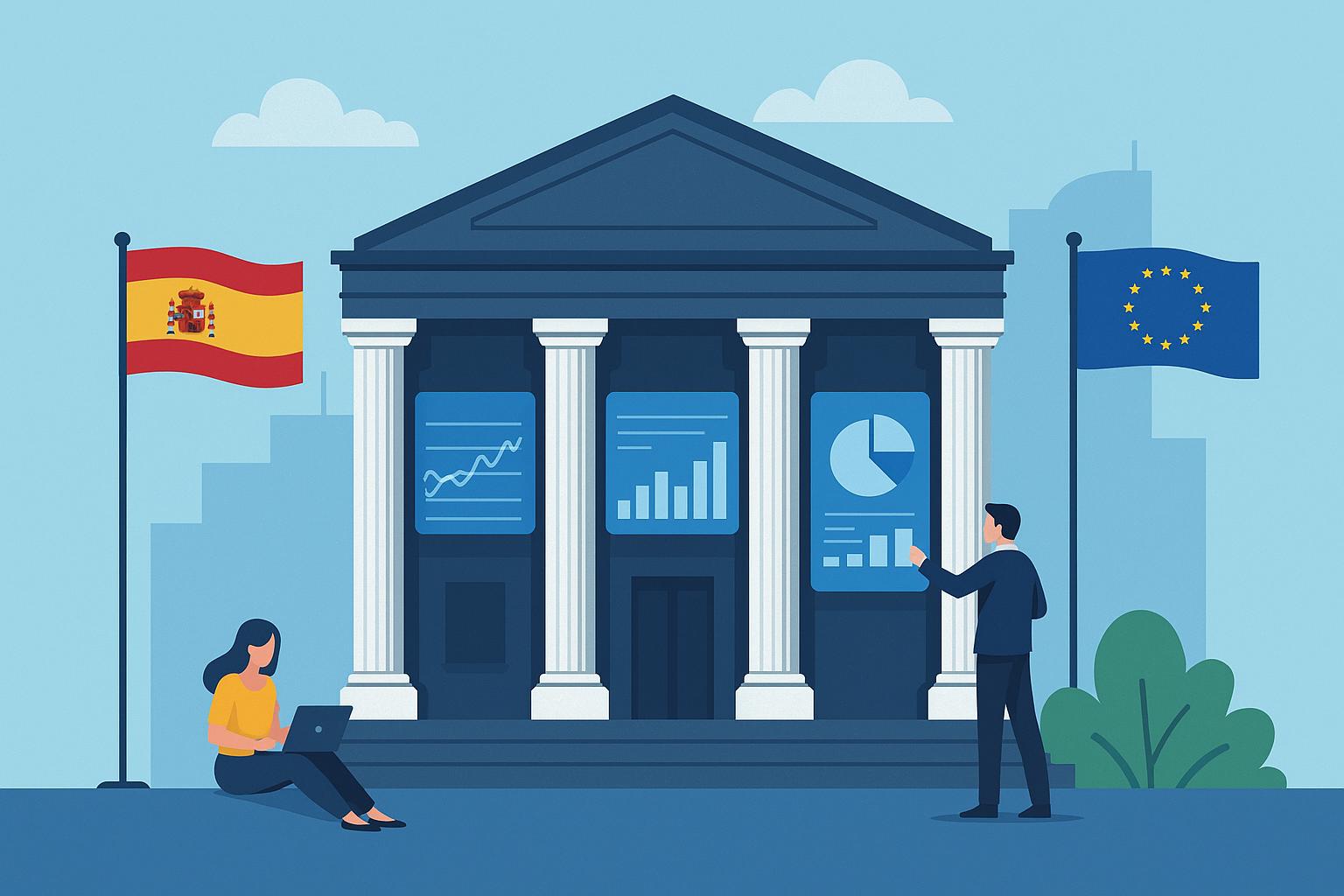 Un edificio gubernamental con banderas de España y la Unión Europea, donde una persona trabaja en una laptop y otra presenta gráficos.