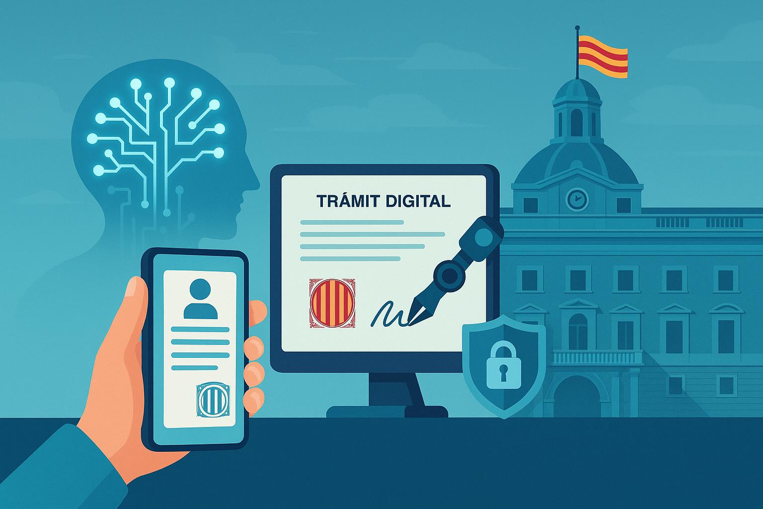 La imagen muestra un entorno digital con un teléfono móvil y una computadora que representa un trámite digital con un escudo de seguridad.