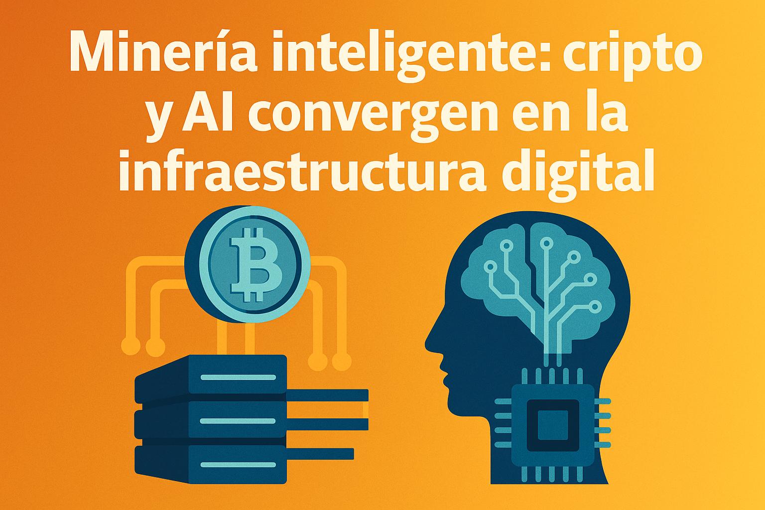 La imagen presenta el tema de la minería inteligente donde la criptomoneda y la inteligencia artificial se unen en la infraestructura digital.