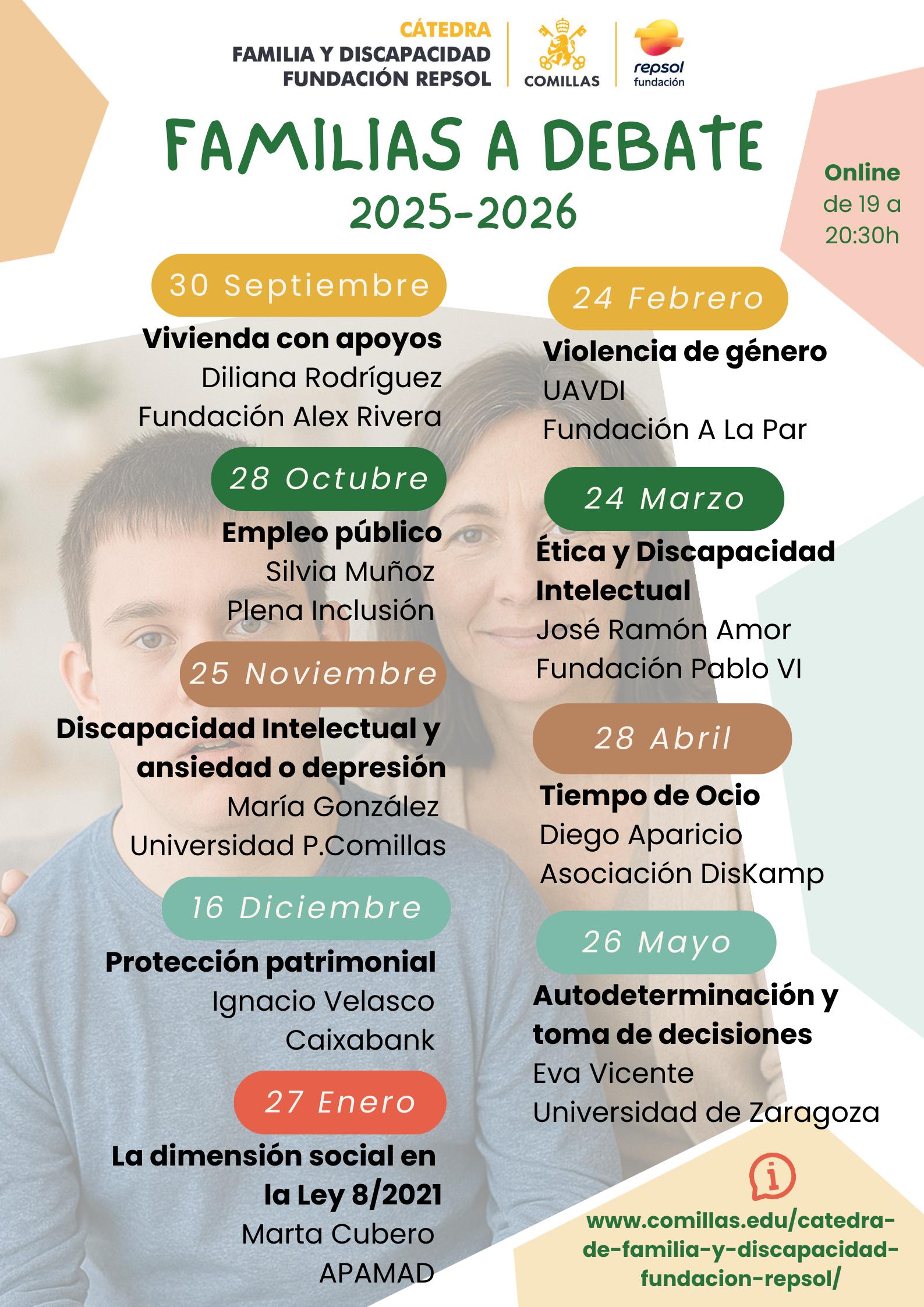 Cartel informativo sobre el ciclo de debates 'Familias a Debate' para el año 2025-2026 con fechas y temas específicos.