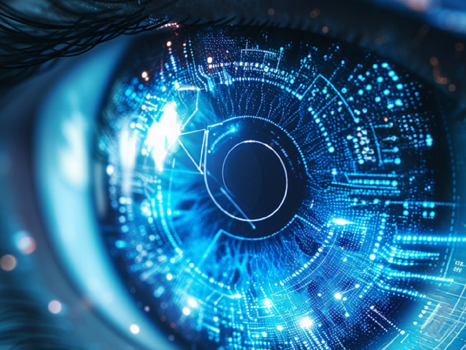 Close-up of a digitally enhanced eye with a blue circuit pattern representing concepts of futuristic technology.