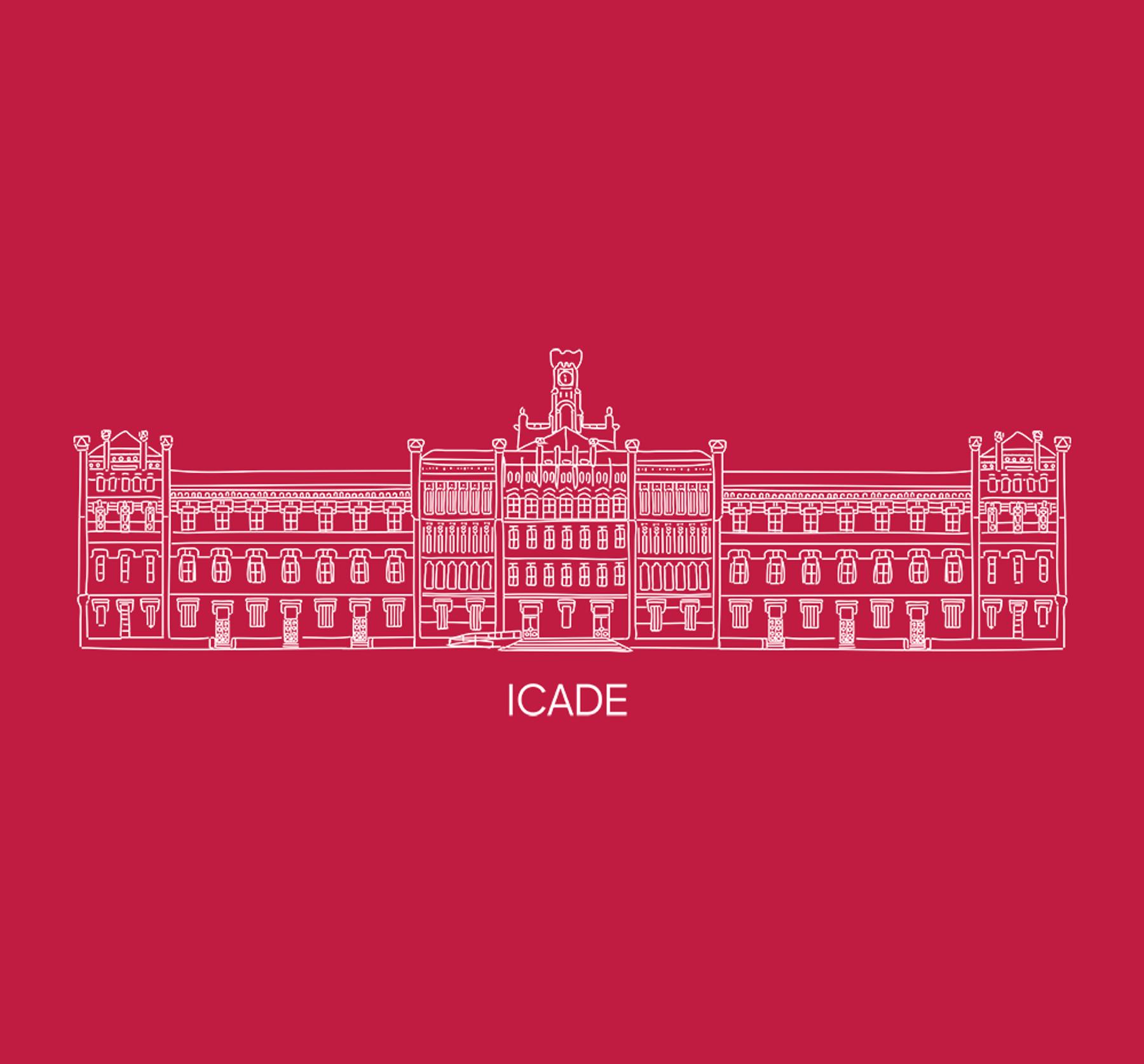 La imagen muestra un dibujo arquitectónico del edificio ICADE en un fondo rojo.