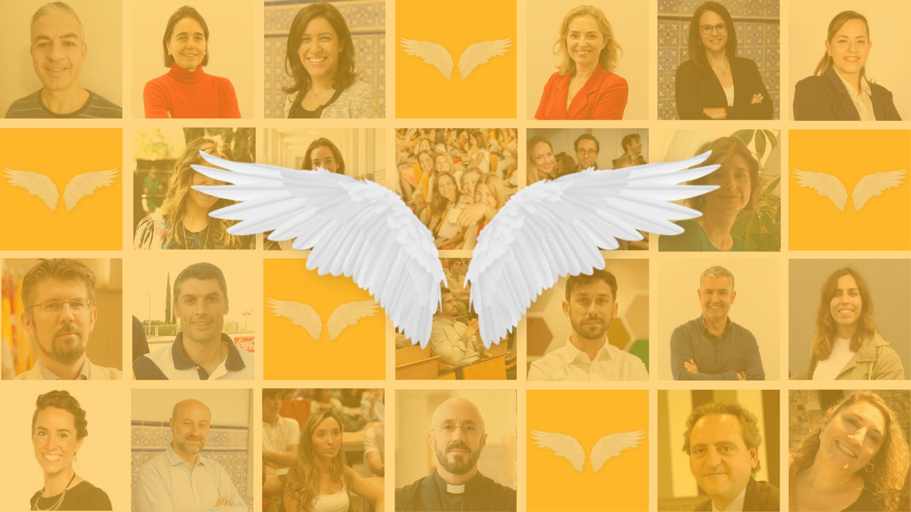 A collage of various people's portraits with a central graphic of white wings on a yellow background.