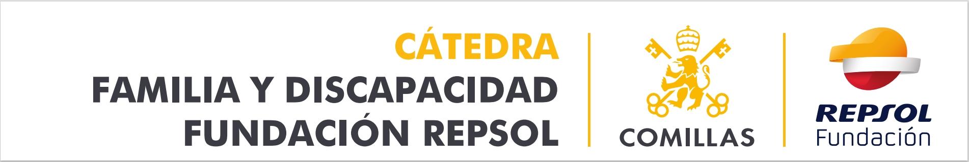 A banner featuring logos for 'Cátedra Familia y Discapacidad Fundación Repsol' and 'Comillas', indicating a collaboration or partnership.