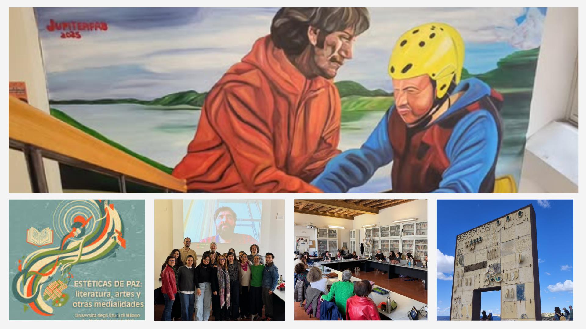 La imagen muestra un mural colorido de dos personas en un entorno natural, junto a diversas actividades educativas y culturales en un ambiente colaborativo.