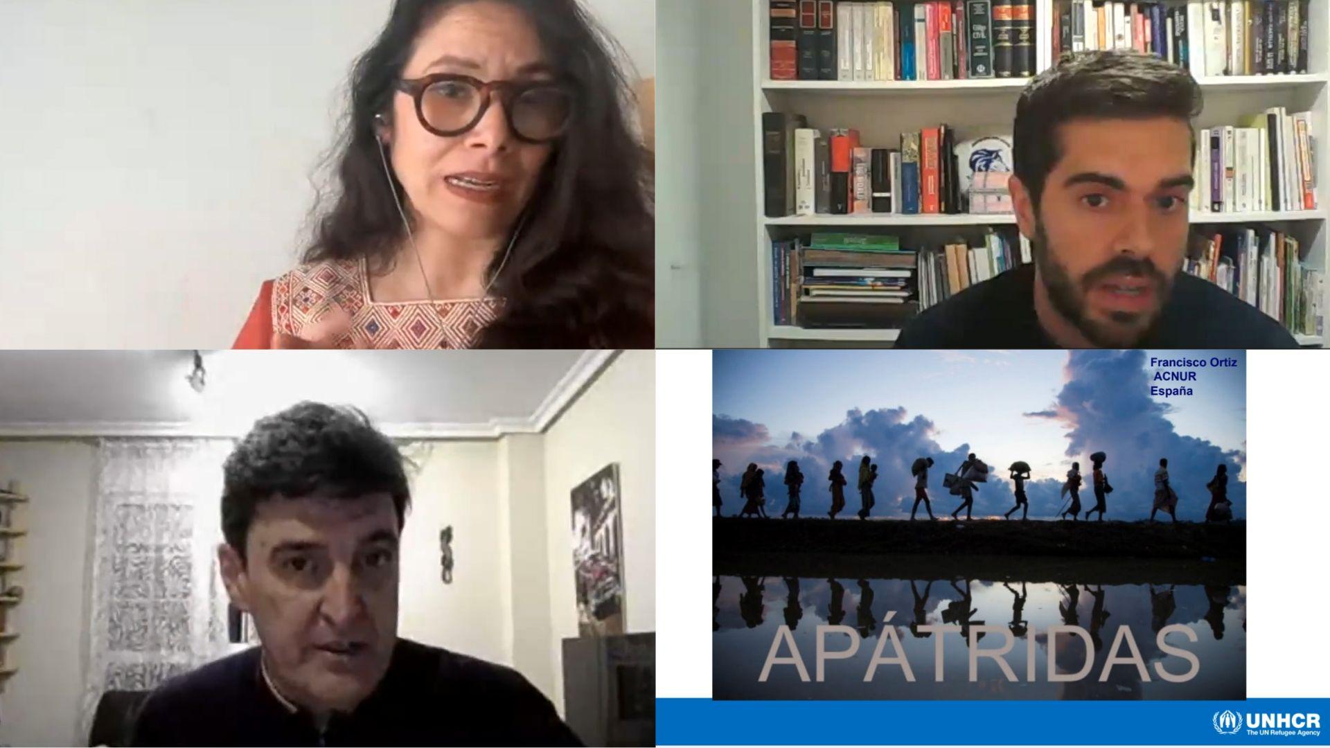 Una reunión virtual sobre el tema de apatridia con tres participantes en pantalla y una imagen de siluetas que simbolizan la migración.