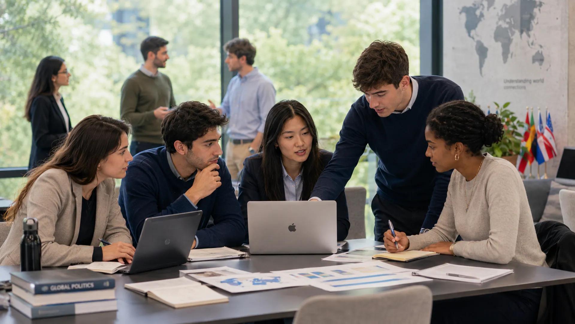 Un grupo de jóvenes profesionales colaborando en una mesa con computadoras portátiles y documentos en un ambiente de oficina moderno.