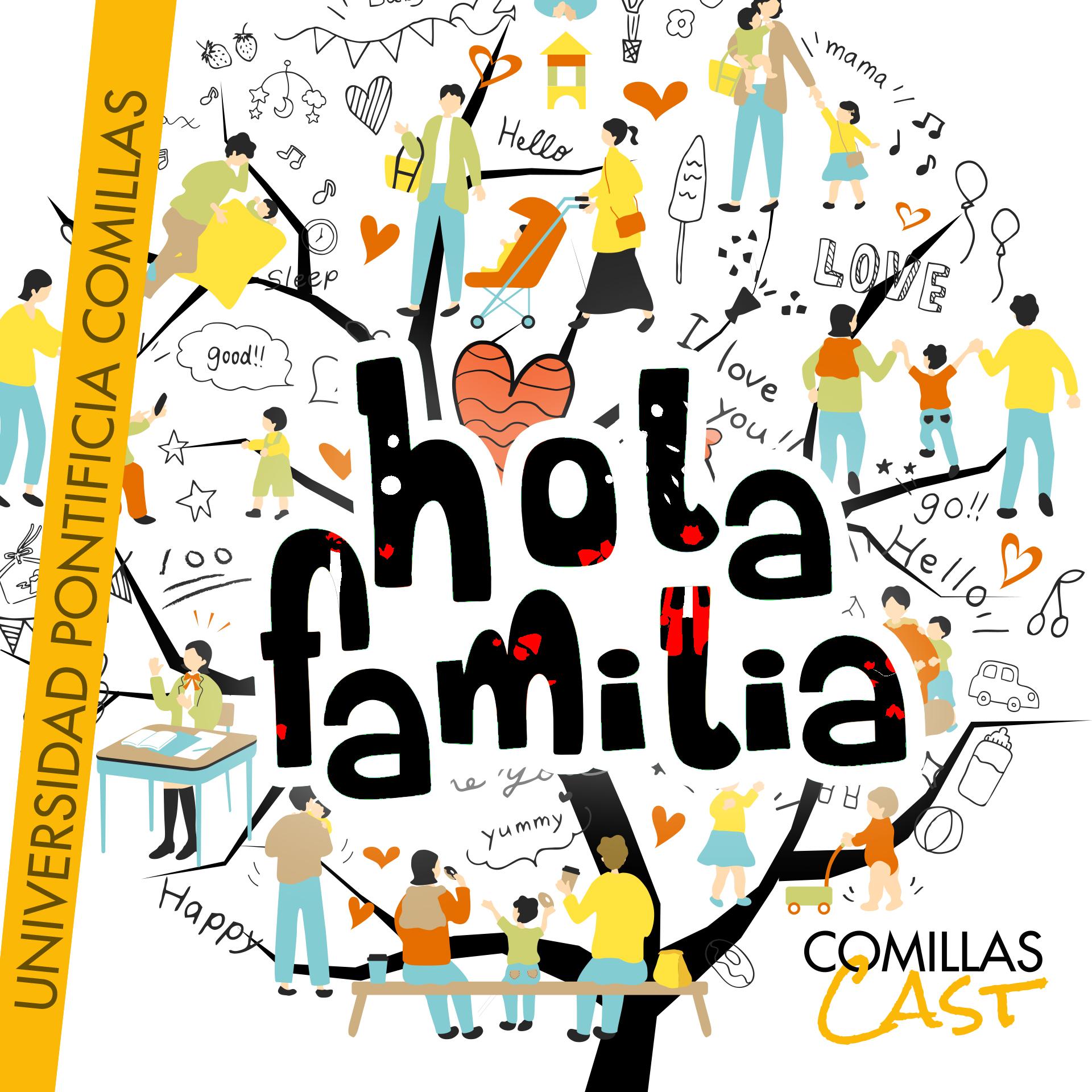 Colorful illustration featuring diverse people engaging in various activities, centered around the theme 'hola familia', likely for a university event.