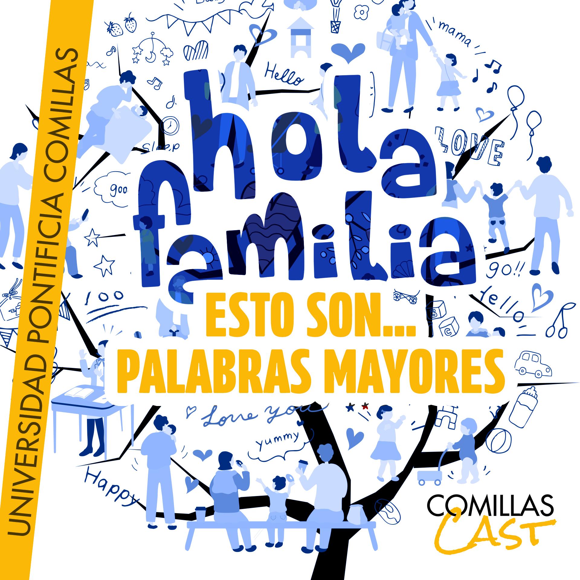 Una ilustración colorida que muestra a personas y palabras relacionadas con la familia y el amor.