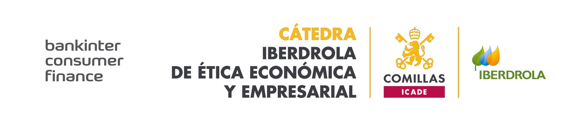 Imagen que presenta los logotipos de varias instituciones y empresas, incluyendo Bankinter, la Cátedra Iberdrola de Ética Económica y Empresarial, Comillas ICADE e Iberdrola.