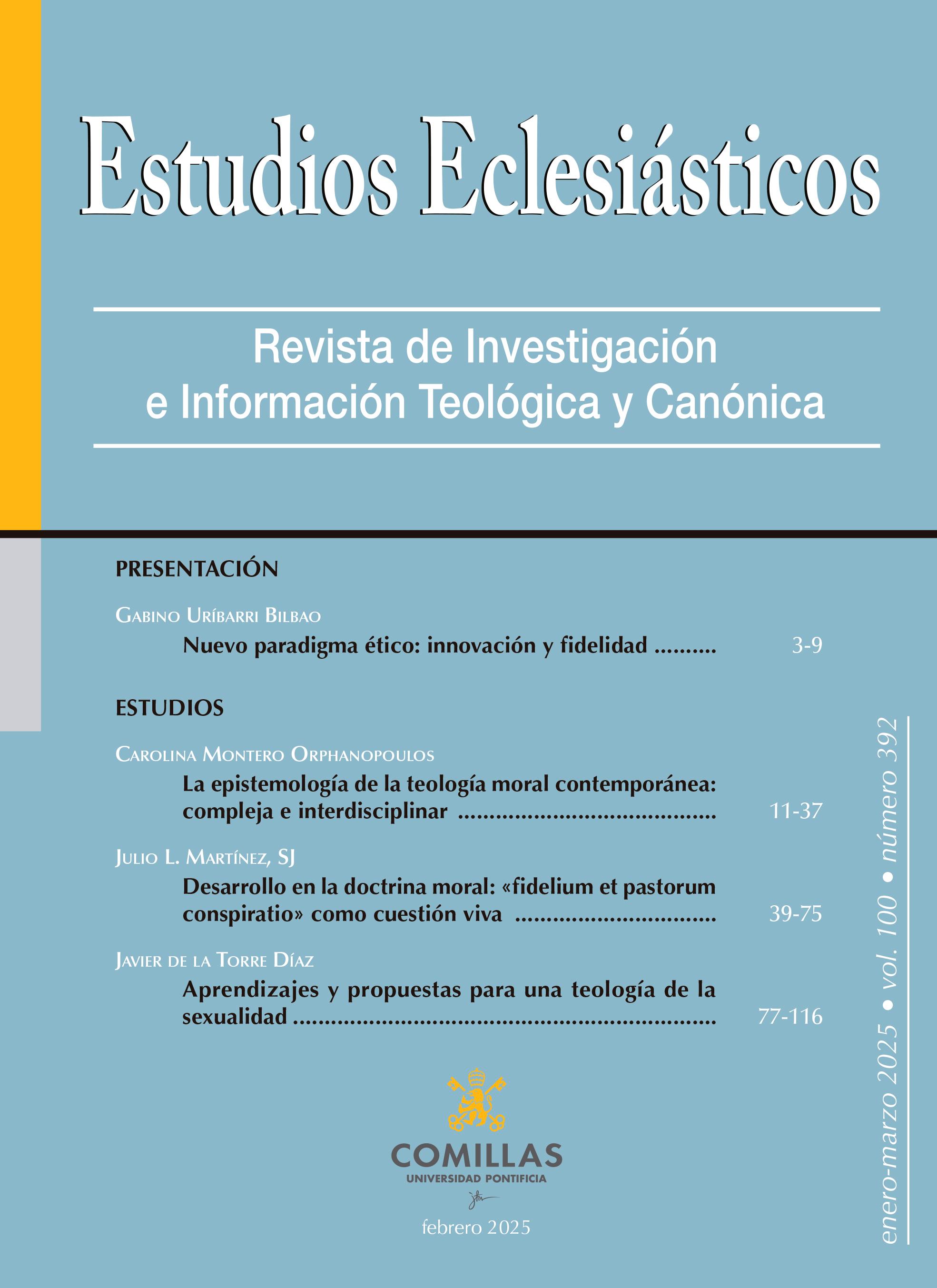Portada de la revista 'Estudios Eclesiásticos', que incluye artículos sobre teología y moralidad.