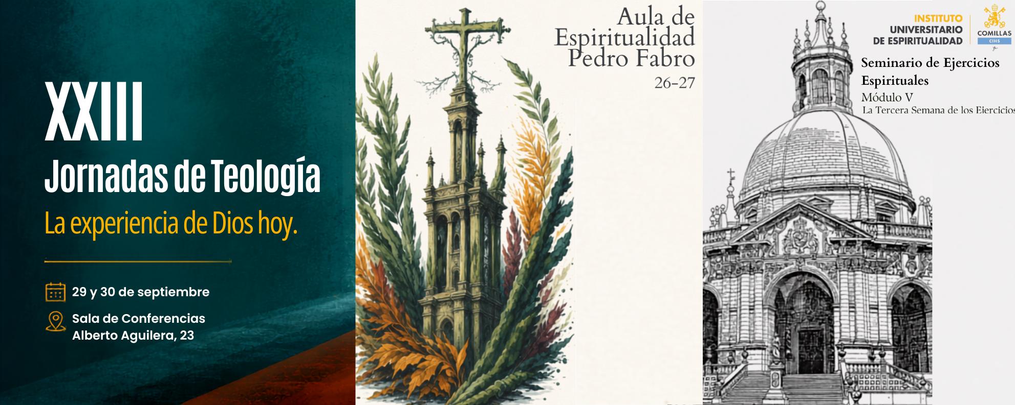 La imagen presenta un anuncio de las XXI Jornadas de Teología, centradas en la experiencia de Dios, junto a ilustraciones de un edificio y un evento educativo.