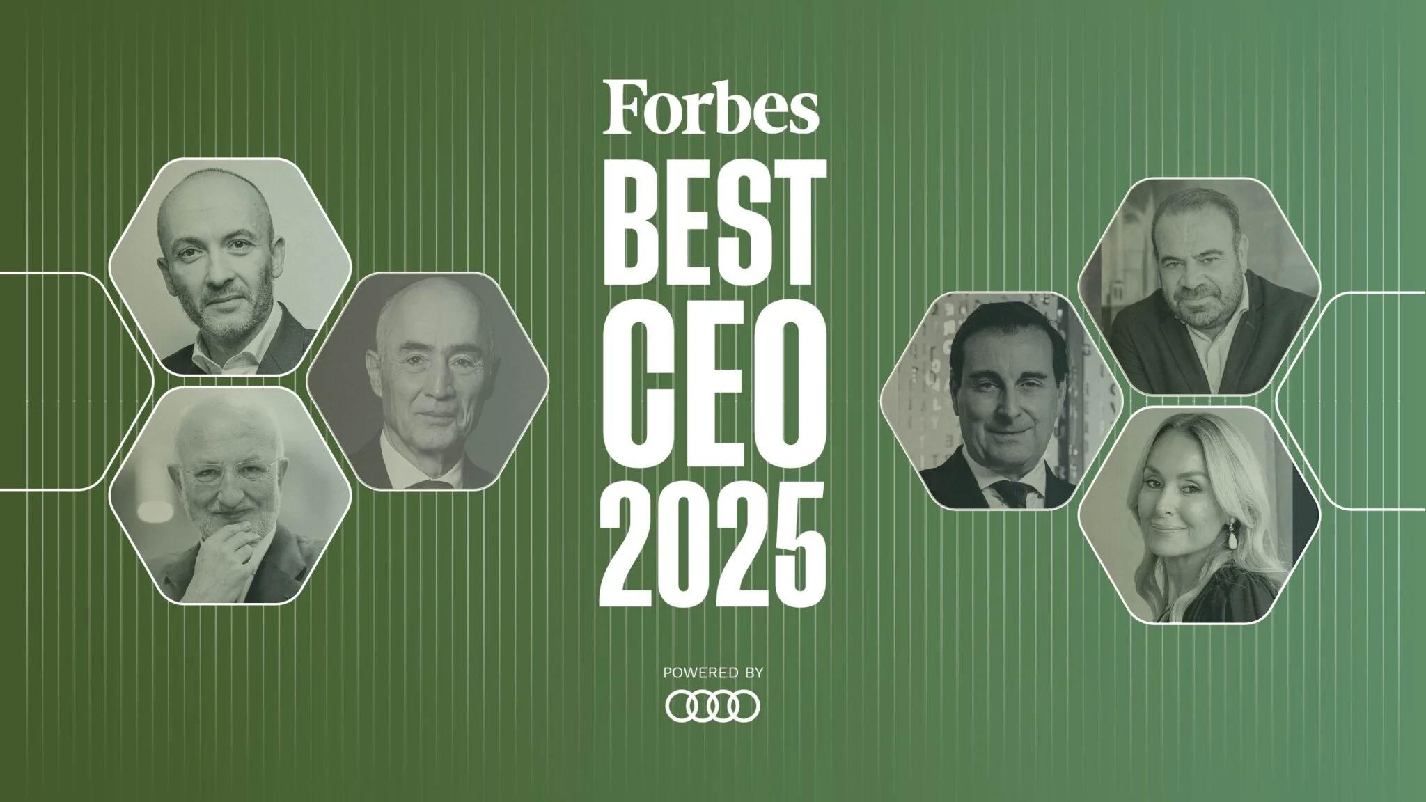 La imagen presenta una lista de CEOs destacados según Forbes para el año 2025.