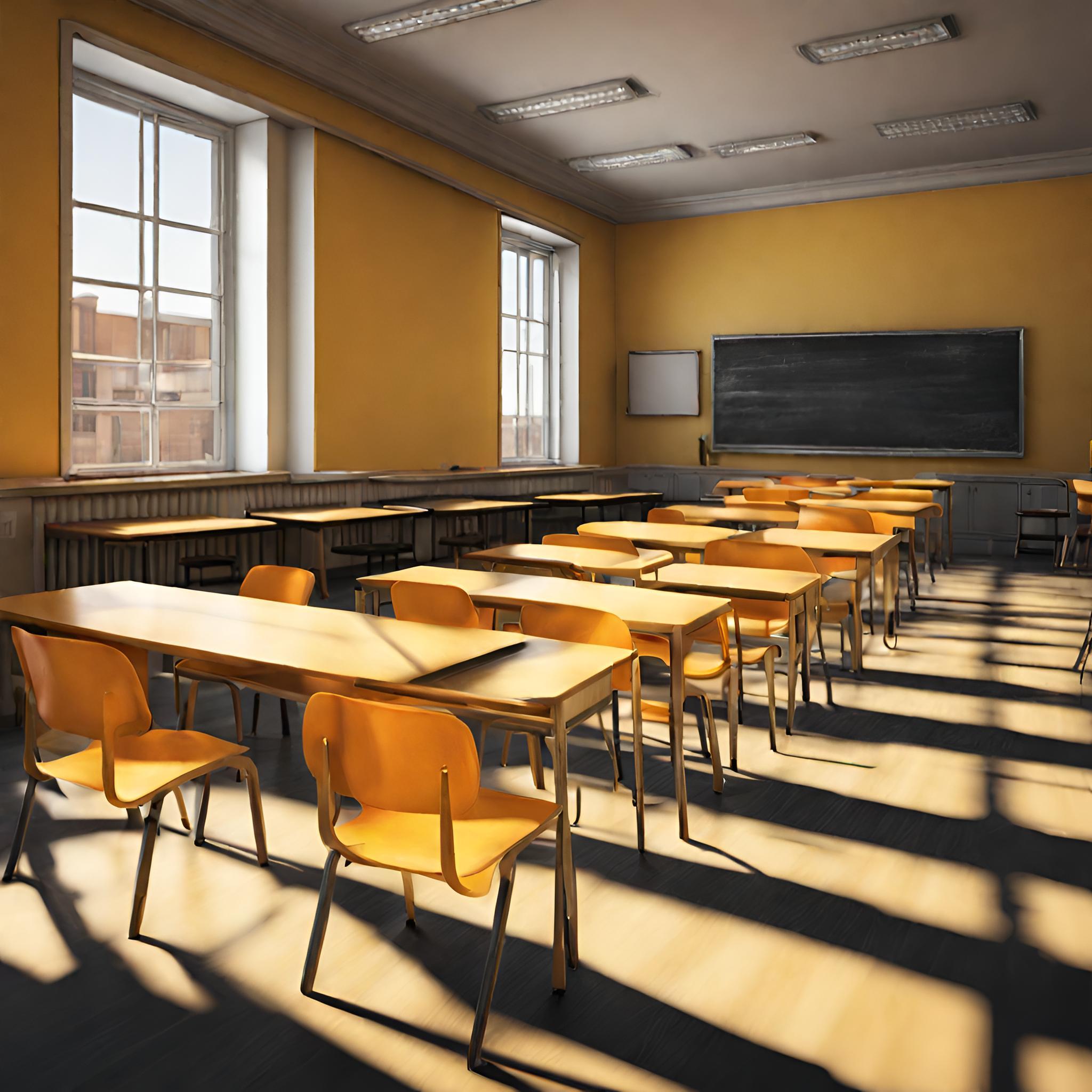 An empty classroom with sunshine streaming through the windows, illuminating rows of desks and chairs.