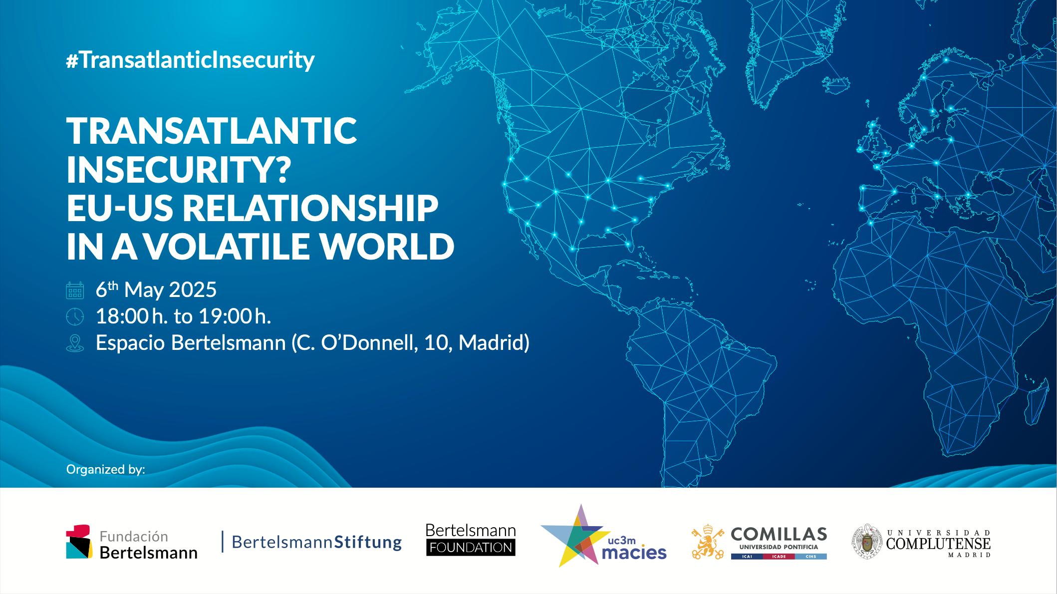 Anuncio sobre un evento titulado 'Inseguridad Transatlántica' que se llevará a cabo en Madrid en mayo de 2025.