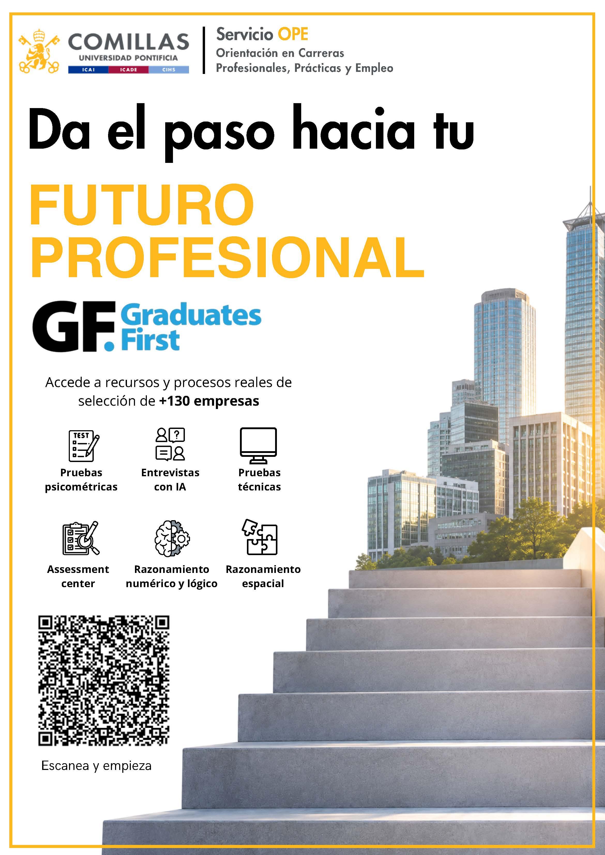 El cartel promocional invita a los graduados a avanzar hacia su futuro profesional con recursos y procesos de selección.