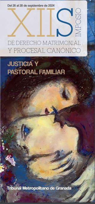 Póster de un evento sobre derecho matrimonial y procesal canónico, mostrando una pintura de dos rostros juntos con expresiones serenas.