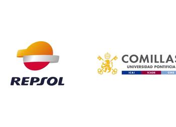 Logos of two companies: Repsol with a stylized sun design, and Comillas Pontifical University featuring academic icons.