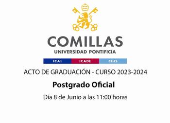 An announcement for a graduation ceremony for the 2023-2024 academic course at Comillas Pontifical University, scheduled for June 8 at 11:00 AM.