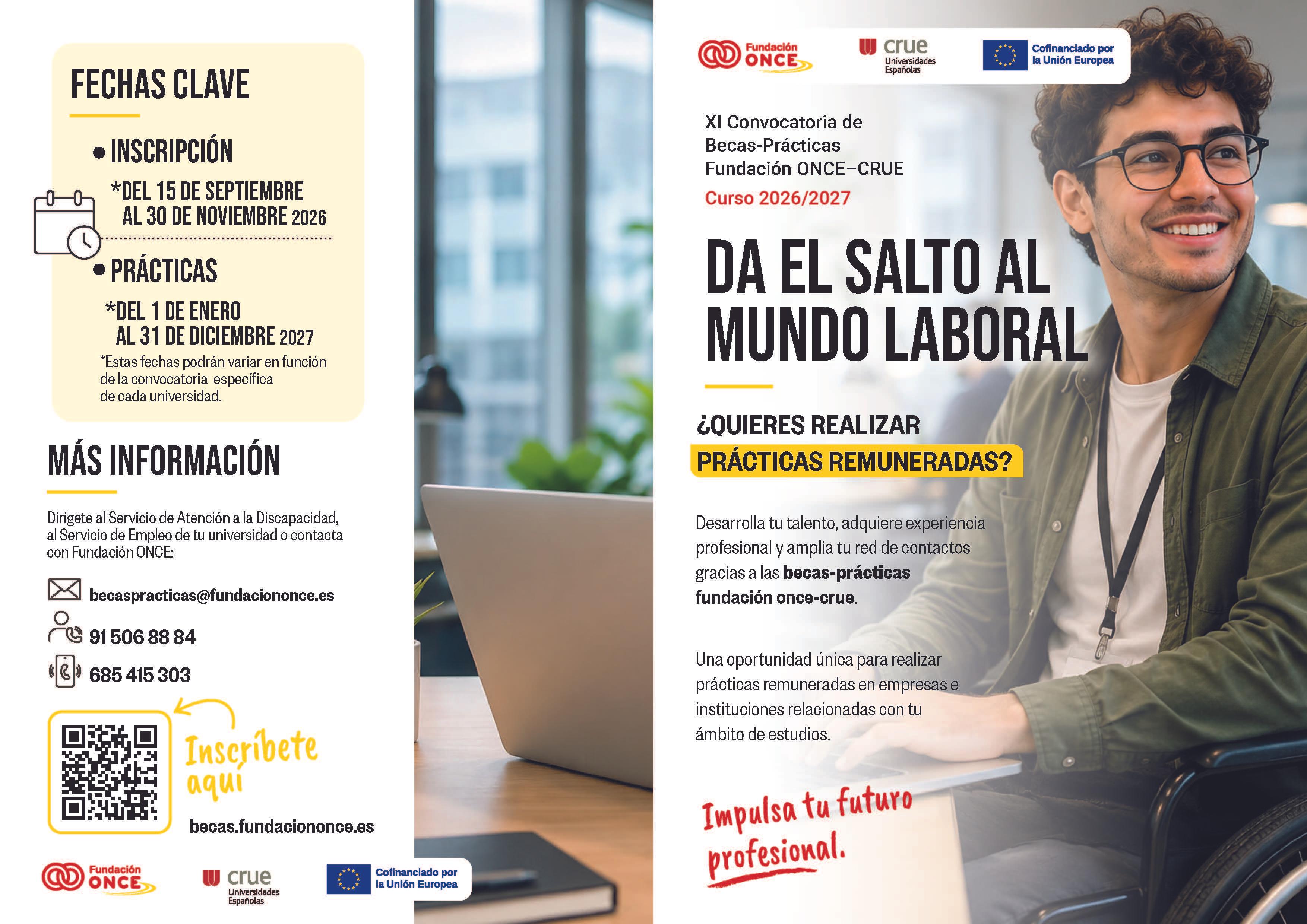 La imagen muestra un folleto informativo sobre oportunidades de prácticas laborales para estudiantes con discapacidad.