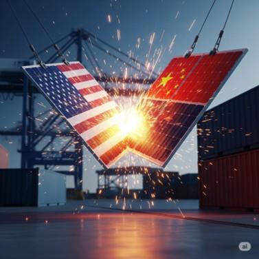 Una explosión simbólica entre las banderas de Estados Unidos y China en un entorno industrial.