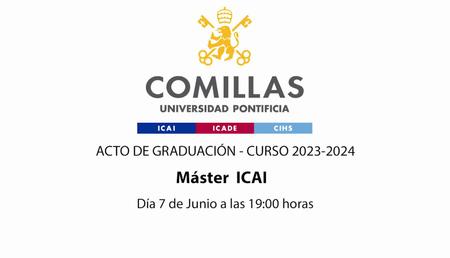 Graphic invitation for the Graduation Ceremony of the Master's degree in ICAI at Comillas Pontifical University, scheduled for June 7 at 7:00 PM for the academic year 2023-2024.