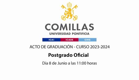 An announcement for a graduation ceremony for the 2023-2024 academic course at Comillas Pontifical University, scheduled for June 8 at 11:00 AM.