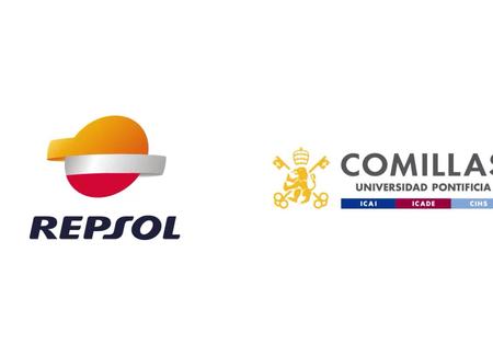 Logos of two companies: Repsol with a stylized sun design, and Comillas Pontifical University featuring academic icons.