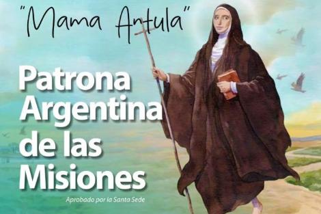 Imagen de un cartel que presenta a 'Mamá Antula', denominada como Patrona Argentina de las Misiones, aprobada por la Santa Sede.