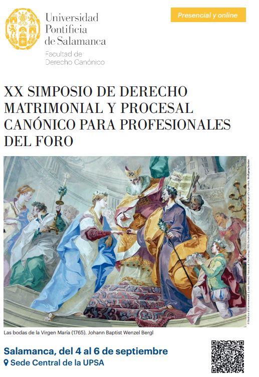 Cartel del XX Simposio de Derecho Matrimonial y Procesal Canónico para Profesionales del Foro, mostrando una pintura clásica y detalles del evento.