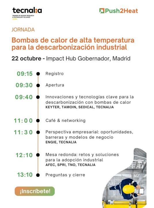 Programa de una jornada sobre bombas de calor de alta temperatura para la descarbonización industrial en Madrid.