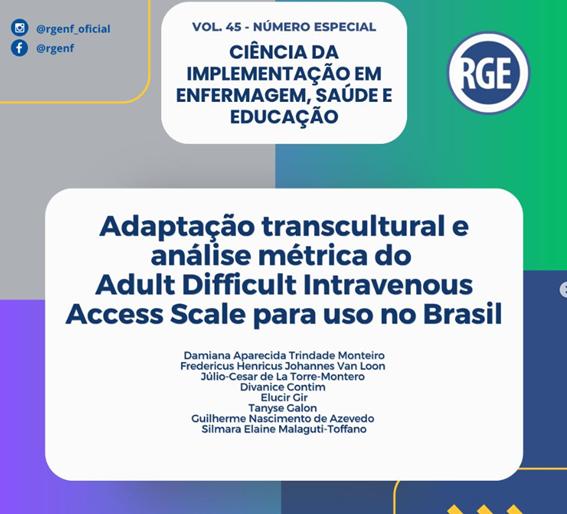 La imagen presenta un número especial de una revista sobre la implementación en enfermería, salud y educación, centrado en la adaptación y análisis de una escala de acceso intravenoso difícil en Brasil.