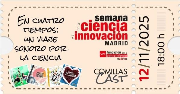 Entrada para un evento de la Semana de la Ciencia en Madrid sobre un viaje sonoro por la ciencia.