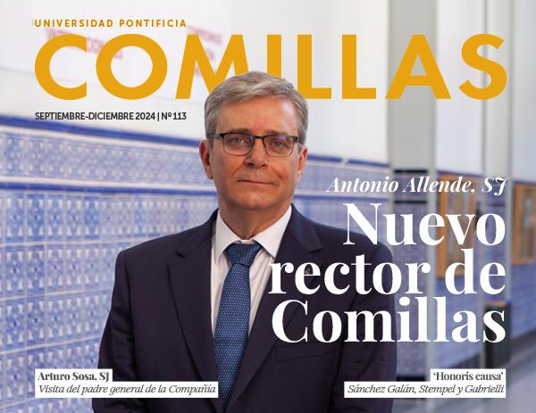 Portada de una revista con un hombre de mediana edad, vestido con traje y corbata, nombrado como nuevo rector de la Universidad Pontificia Comillas.