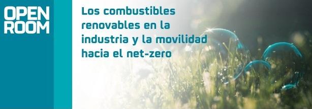 Banner depicting bubbles on grass with text about renewable fuels for industry and mobilization towards net-zero.