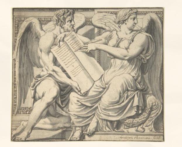 La imagen muestra a un ángel y una figura mitológica sentados, intercambiando un pergamino con inscripciones.