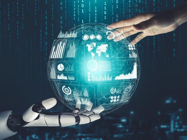 A human hand and a robotic hand interacting with a digital globe display featuring various data analytics and world maps.